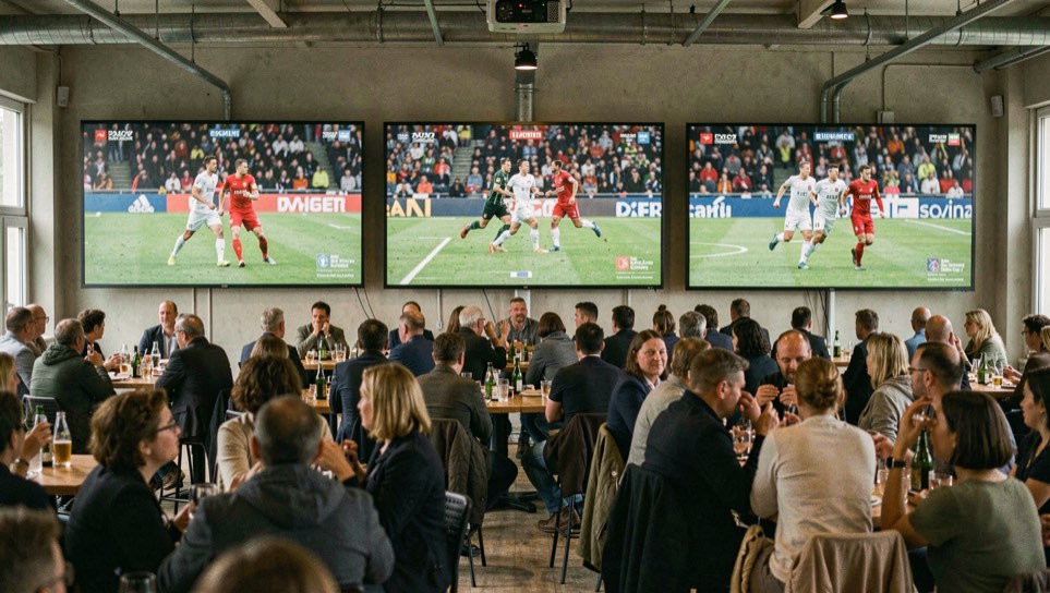 Drie schermen naast elkaar met drie verschillende Europese wedstrijden, publiek eronder aan hoge tafels.