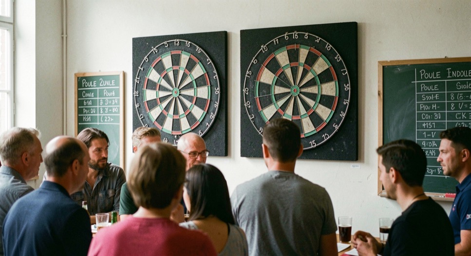 Een dansvloer met houten parket in een sporthal, twee jonge dansers in wedstrijdtenue in gesloten positie onder helder plafondlicht, vanaf de zijkant gefotografeerd.