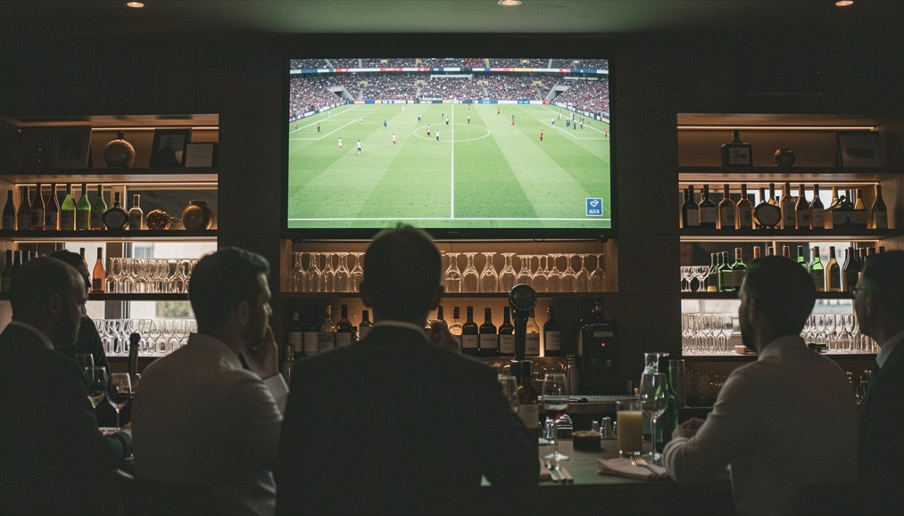 Groen voetbalveld op een scherm boven een bar, silhouetten van gasten op de voorgrond in het donker.