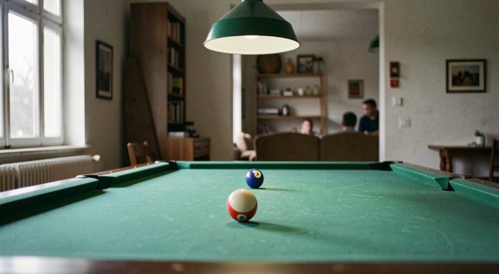 Een openbare golfbaan bij laag ochtendlicht, met een tee, een fairway en een green in de verte, gefotografeerd vanaf de startplaats met een scorekaart in de hand.