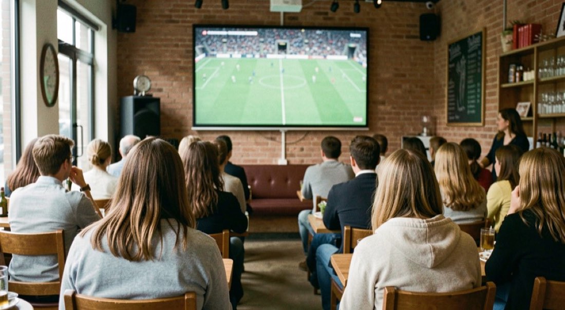 Volle cafézaal van achteren gezien, alle hoofden gedraaid naar een groot voetbalscherm aan de muur.