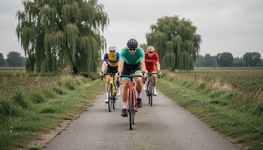 Peloton in kleurige tenues op een smalle Nederlandse dijkweg, grijze lucht en wilgen op de achtergrond.