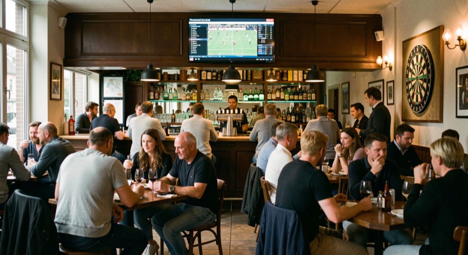 Avond in een Nederlands sportcafé: verlicht scherm boven de bar, dartbord opzij, volle tafels.