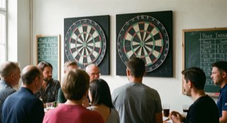 Twee dartborden naast elkaar in een zaal, groepjes spelers ervoor, krijtborden met poule-indelingen.