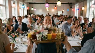 Een gravelbaan in een tennisclub bij Nîmes in de late namiddag, lage zon over de tribune, een speler die een service voorbereidt, racket en bal in beeld, groene hekken op de achtergrond.