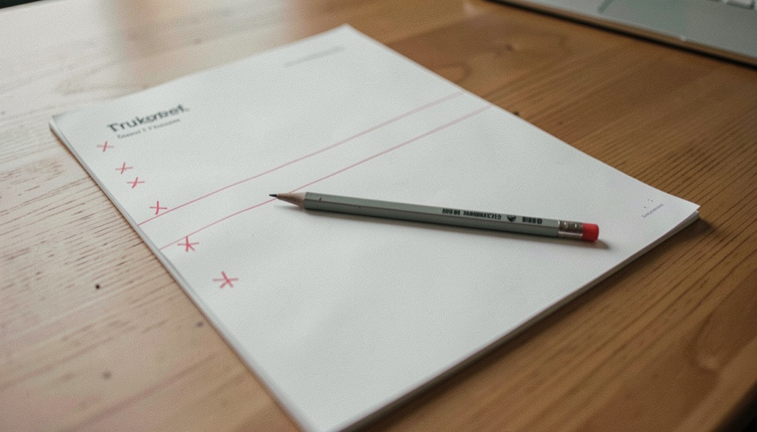 Drukproef met rode correctietekens in de kantlijn, potlood dwars over het vel, houten bureaublad.
