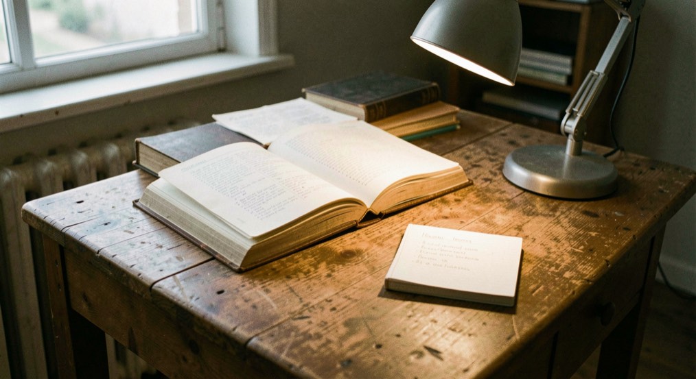 Werktafel met opengeslagen naslagwerken, een notitieblok en een lamp die op het papier schijnt.