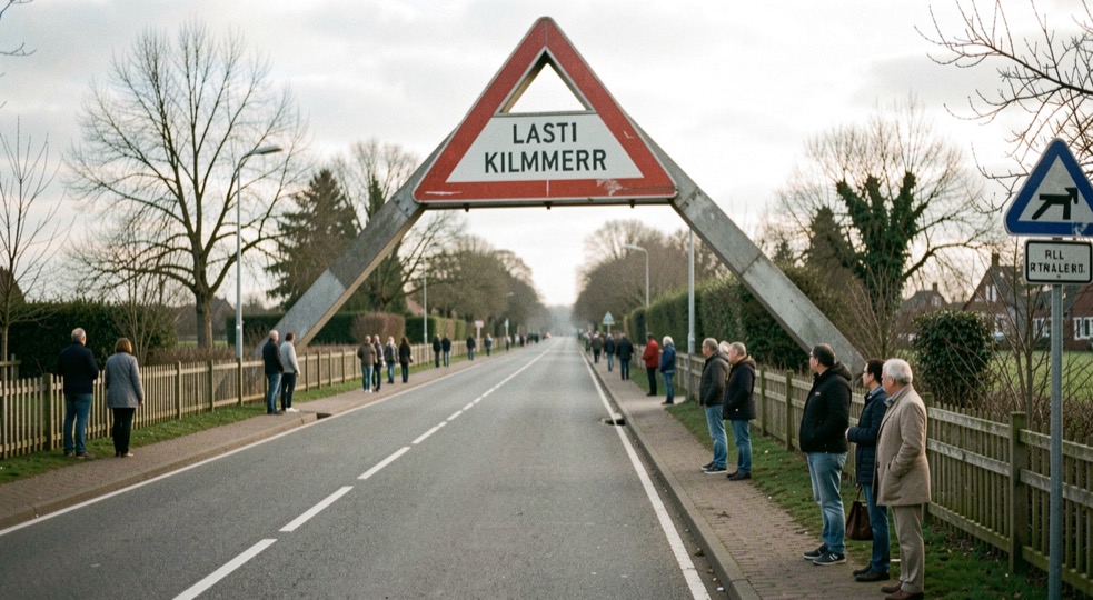 Rode driehoekige boog boven de weg die de laatste kilometer aangeeft, publiek langs de hekken.